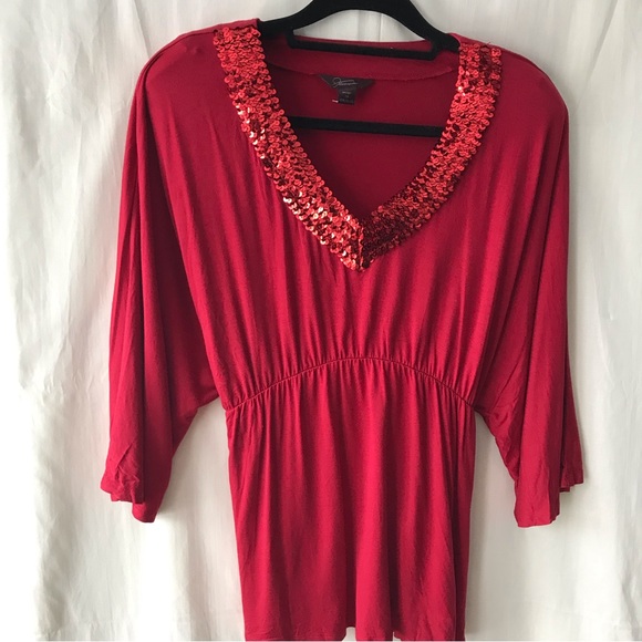 Jessica Image V-Neck, Empire Waist, Plus Size Red Sequin Shirt, Size 2X - Picture 1 of 7